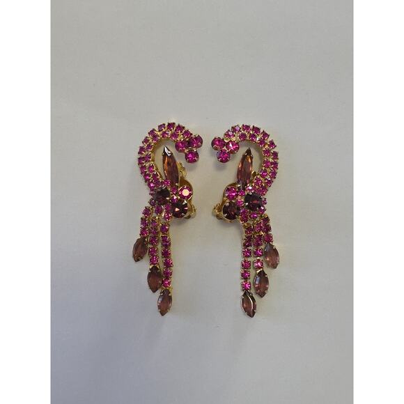 VTG Juliana Delizza Elster Earrings Purple Pink Ornate Dangle Waterfall Clip On - Picture 5 of 12